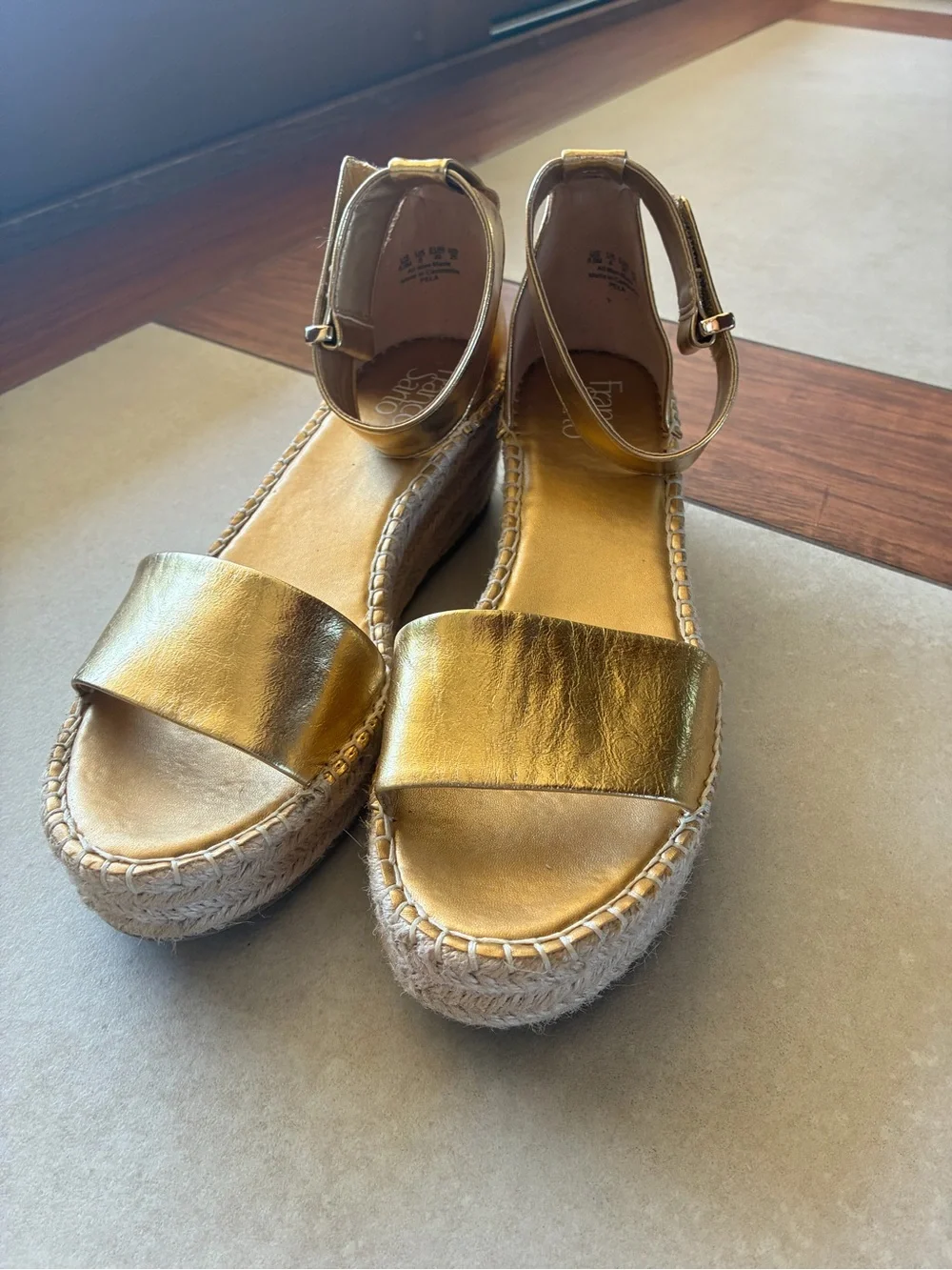 Franco Sarto Metallic Gold Espadrille Wedge Sandals with Ankle Strap